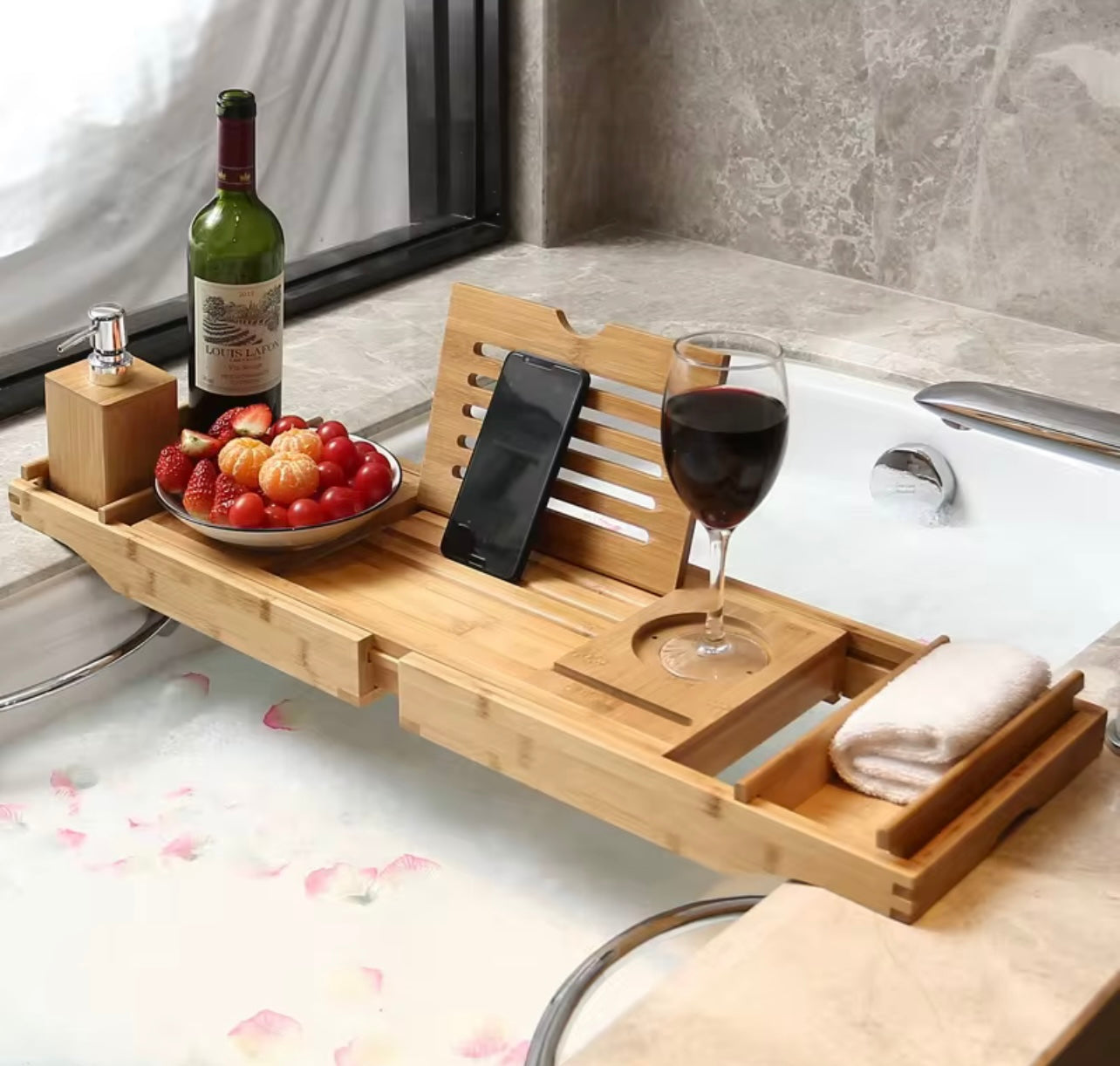 Extendable Bamboo Bathtub Spa Tray. Caddy Organizer